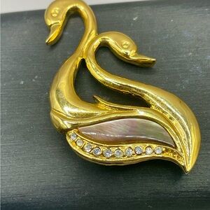 Vintage Dolphin Ore Gold Tone Twin Swan Brooch with Pearl and Rhinestones